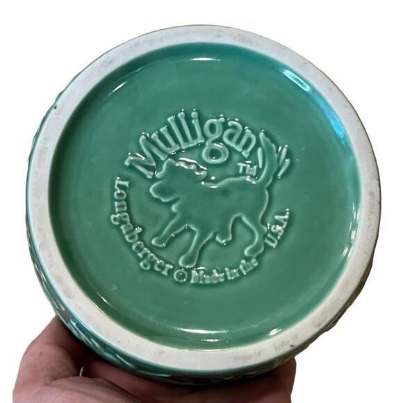 Longaberger Mulligan Stoneware Cat Food Bowl Dish Green 5" Retired Basketweave - Picture 4 of 4